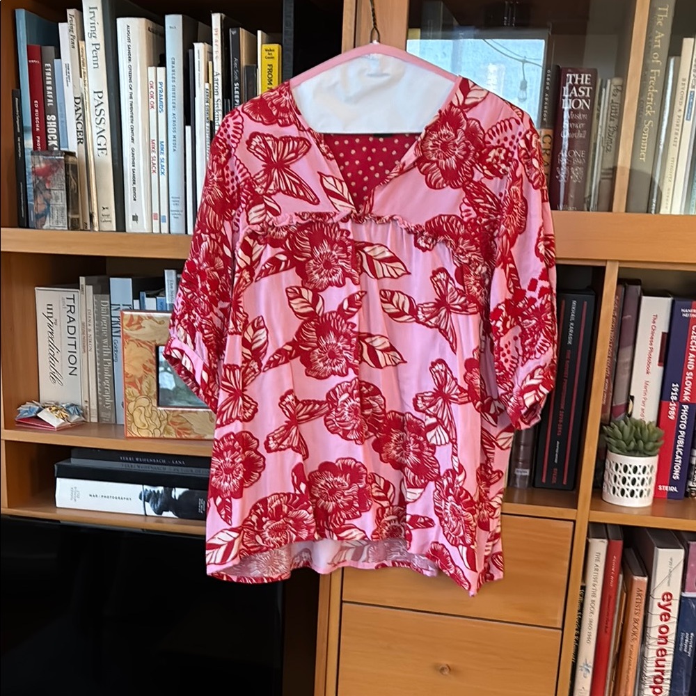 Anthropologie Red and Pink Ruffled Blouse with Short Sleeves and V-Neck